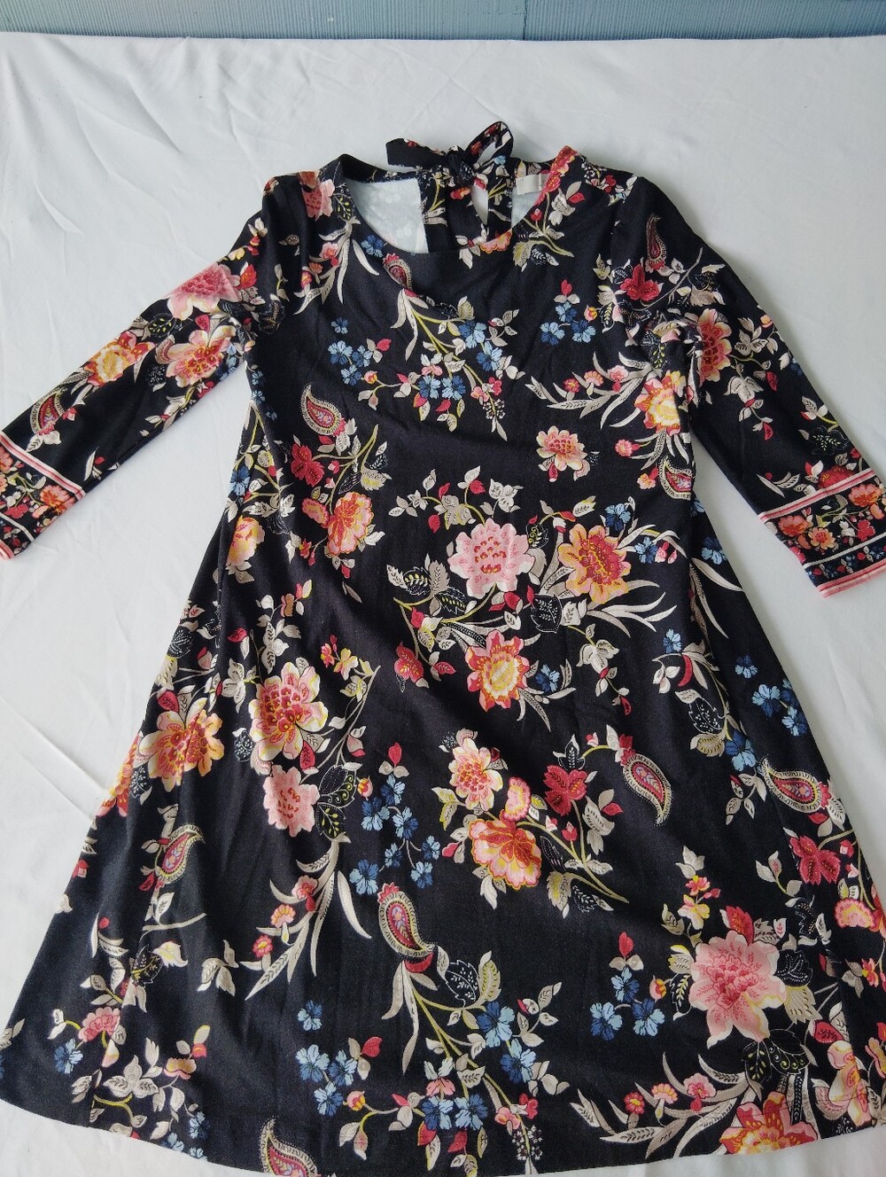 Loft Floral Long-Sleeve A-Line Dress - Black/Pink S